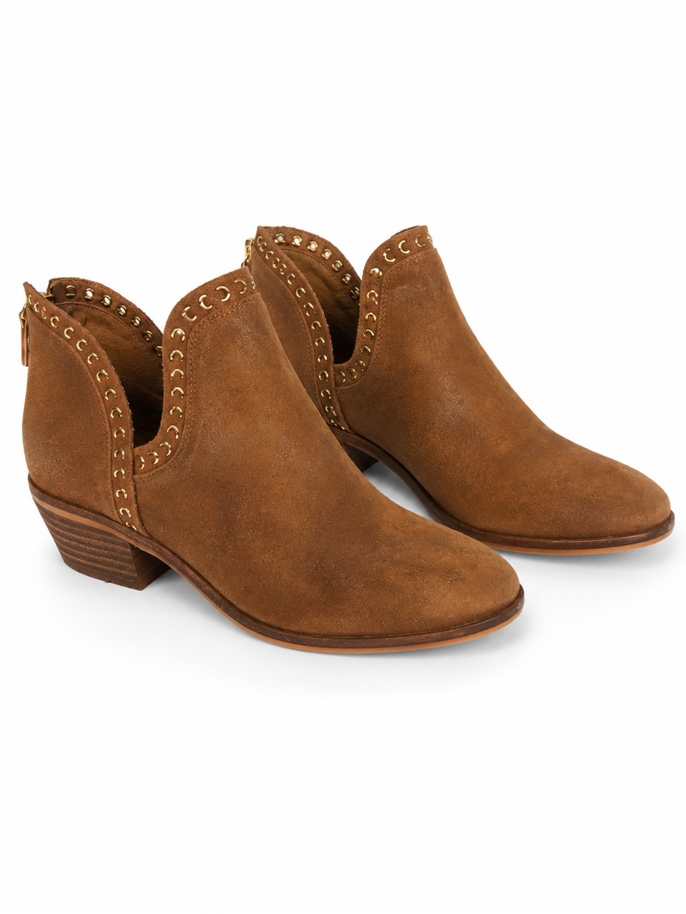 Vince Camuto Brown Suede Western Ankle Boots Gold Studs Size 7.5